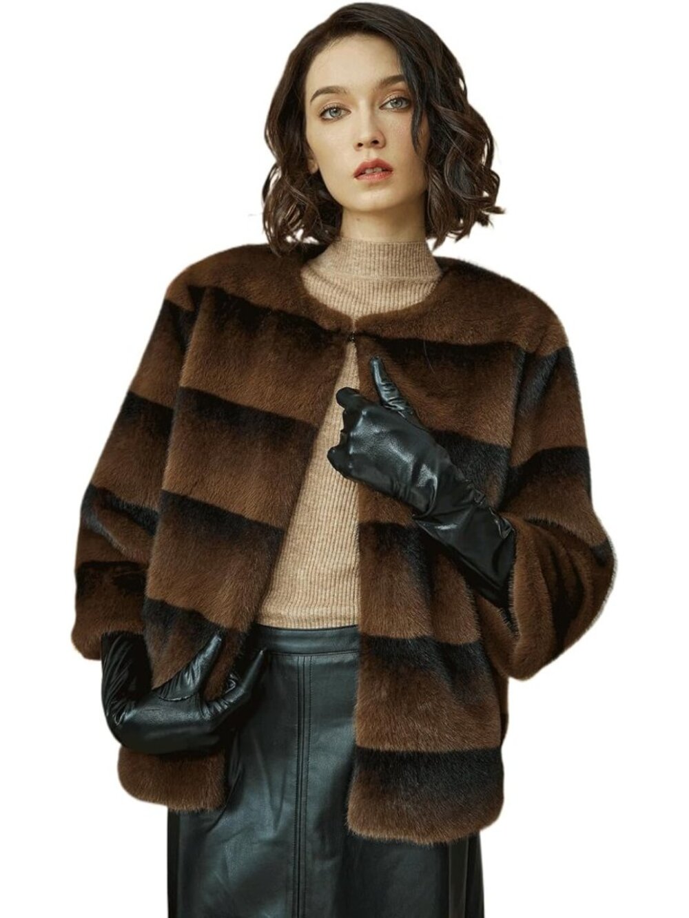 Cozy Faux Mink Fur Jacket for Women | Shaggy 3/4 Sleeve Outerwear with Pockets